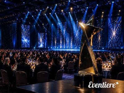 A trophy on stage at a formal corporate awards gala