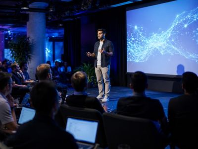 A speaker addressing a seated audience at a corporate leadership summit
