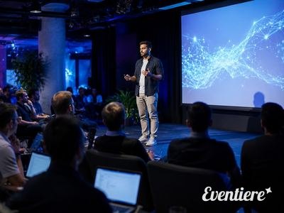 A speaker addressing a seated audience at a corporate leadership summit