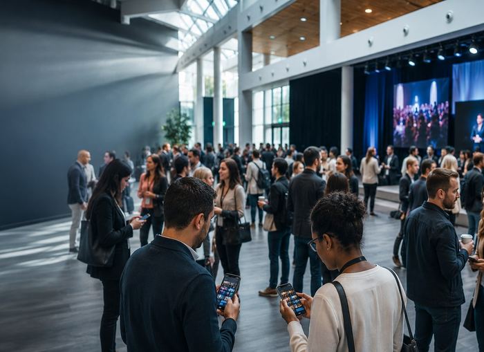 Guests checking their phones for photos in a busy conference hall