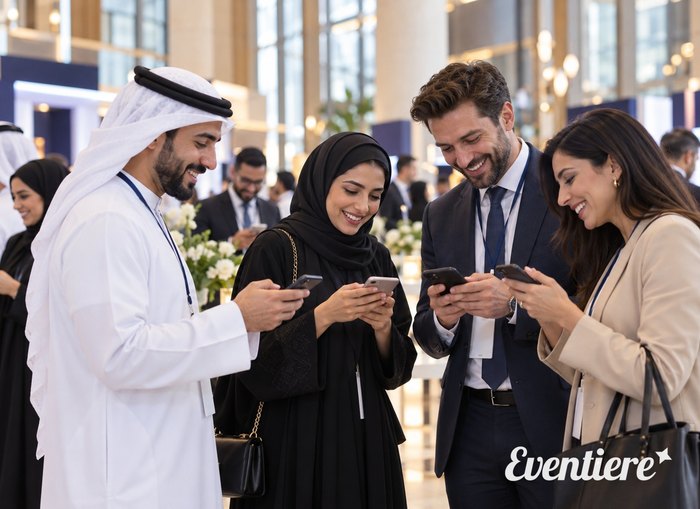 Guests checking their phones for photos in a busy conference hall