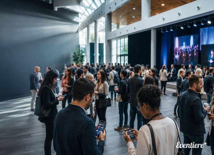 Guests checking their phones for photos in a busy conference hall